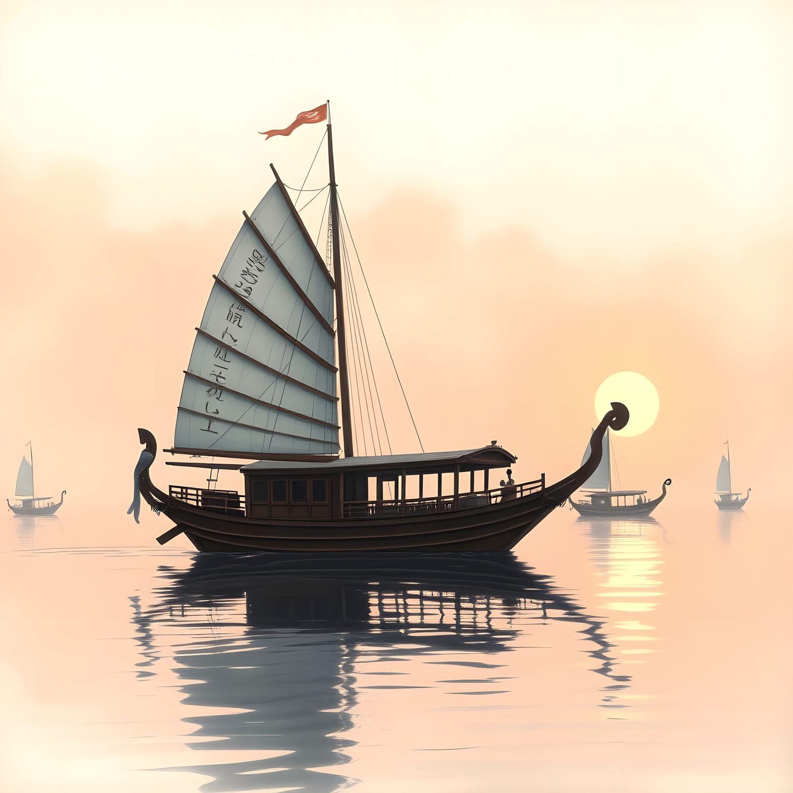 Soft Pastel Chinese Junk at Sunset