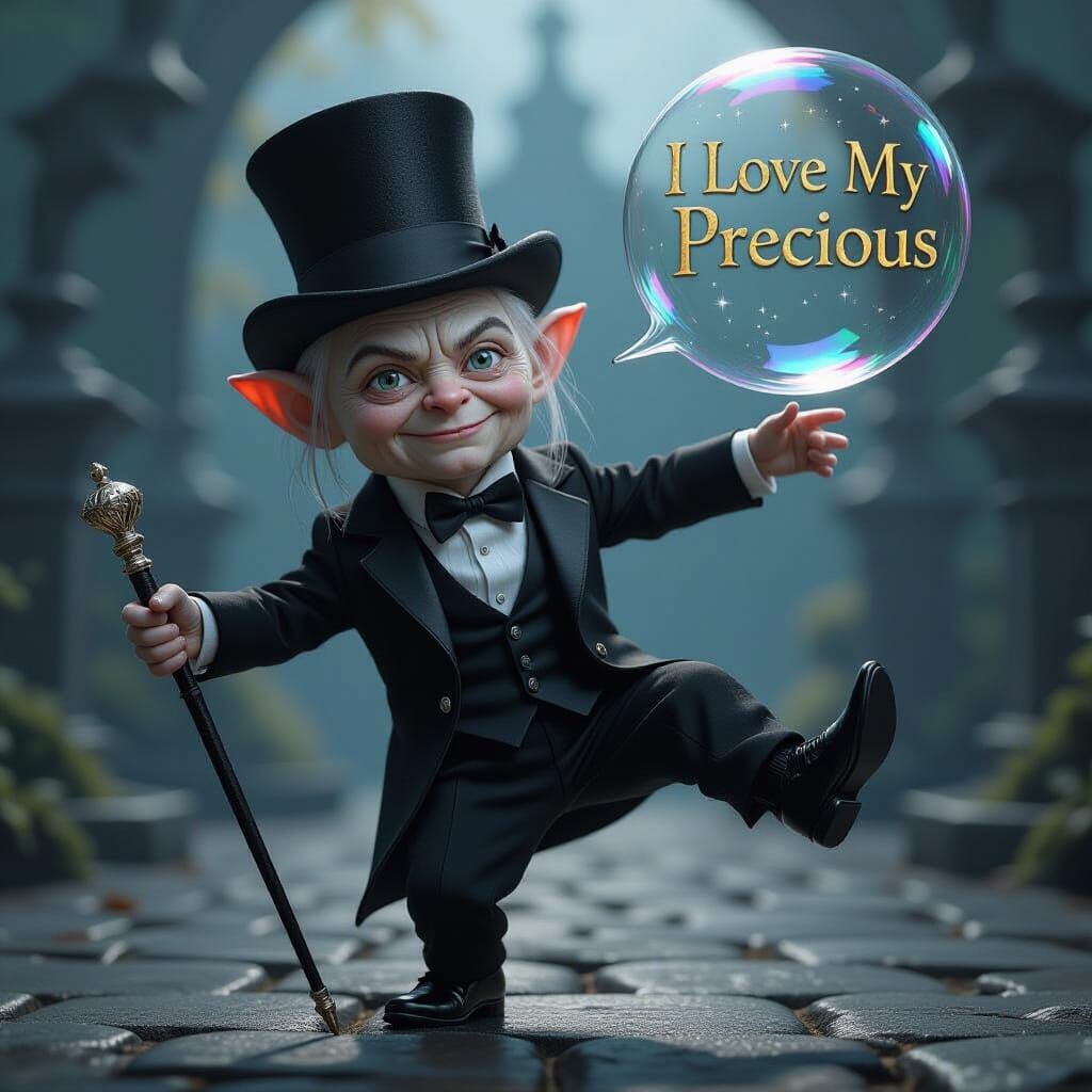 Gollum Dances in Evil Landscape, Holding Cane