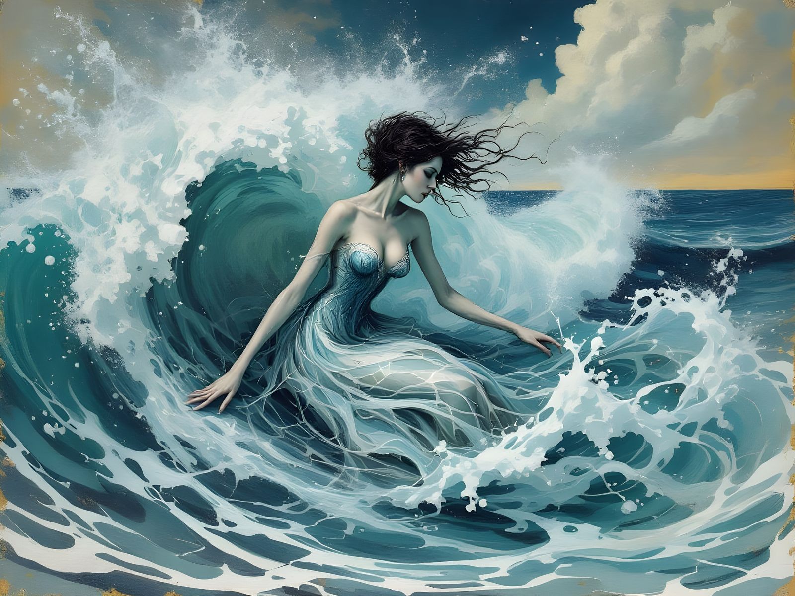 Surrealist Woman Dances with Ocean Waves in Ethereal Water D...