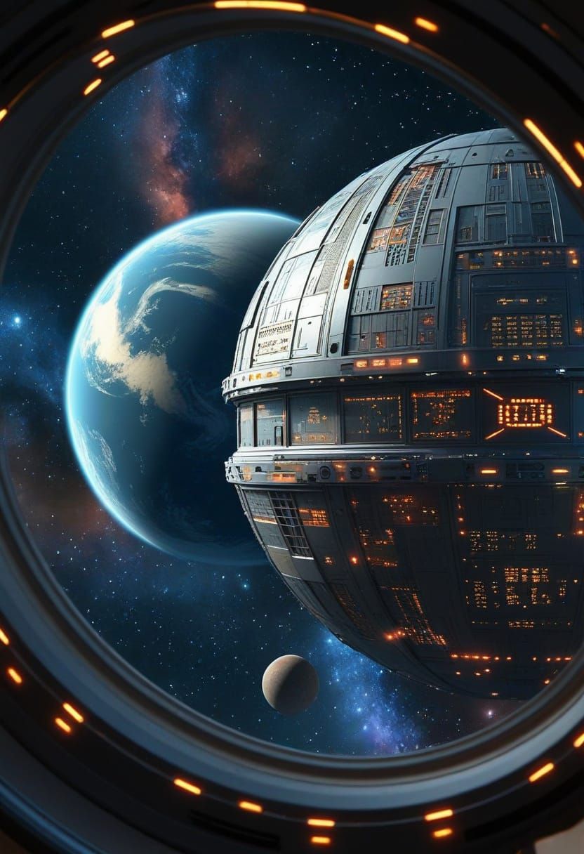 Mechanical Planet Orbits Blue World in Sci-Fi Concept Art