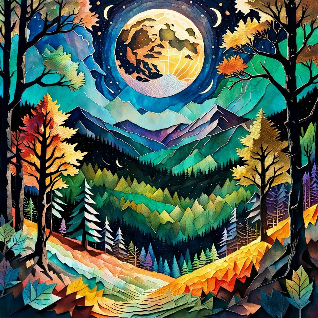 Harvest Moon Over Mountain Forest in Paper Art