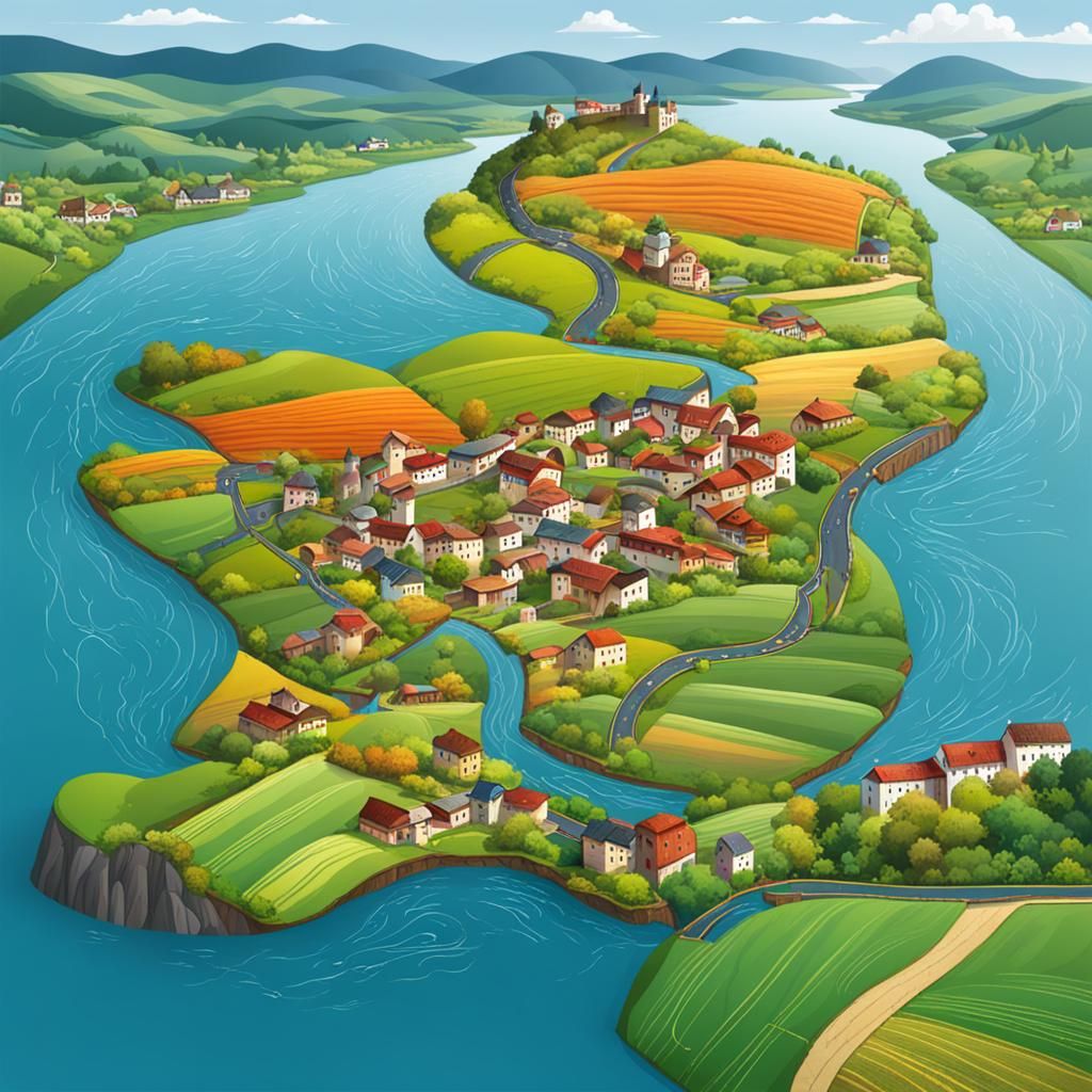 Scenic River Valley Landscape with Village and Farm
