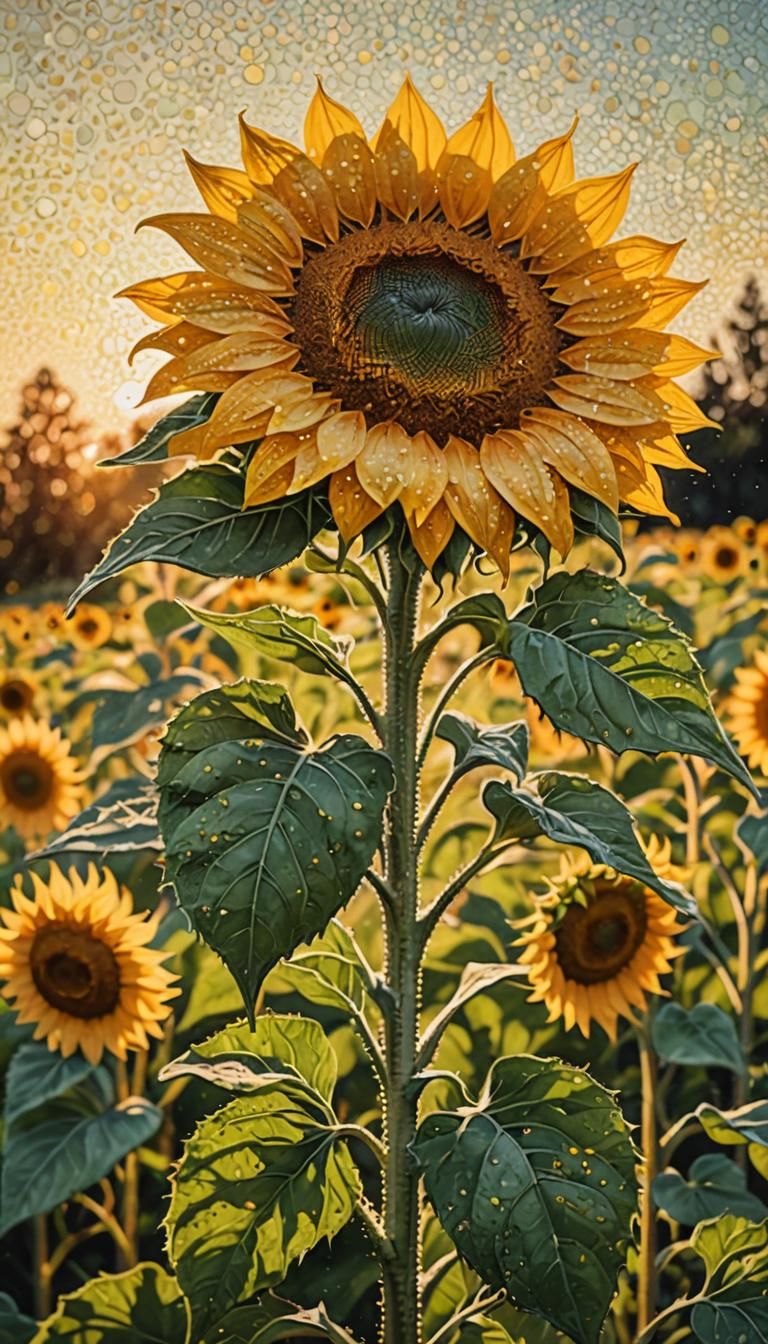 Pointillism Sunflower Field in Evening Sunlight