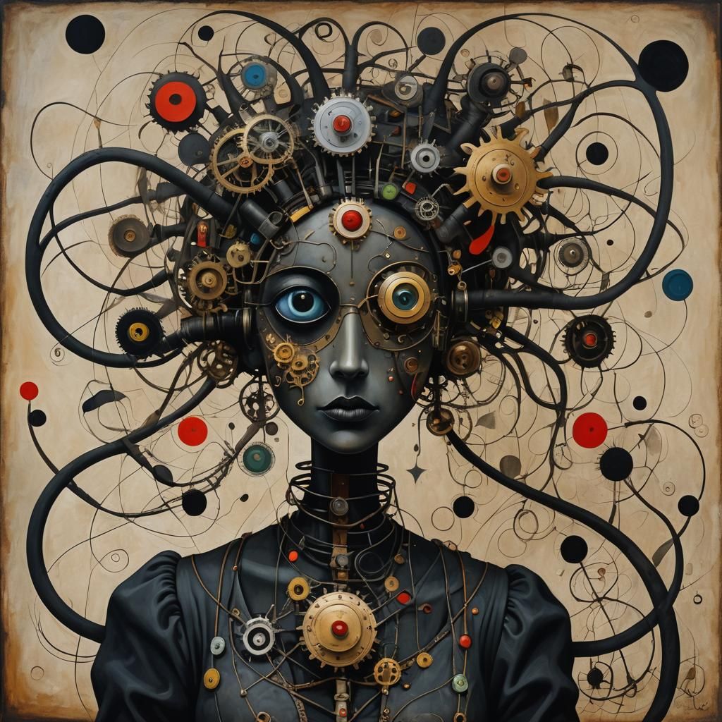 Grotesque Old Woman in a Surreal Steampunk Dreamscape