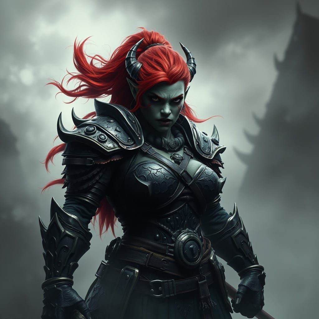 Fiery Half Orc Warlord in Dark Fantasy Armor