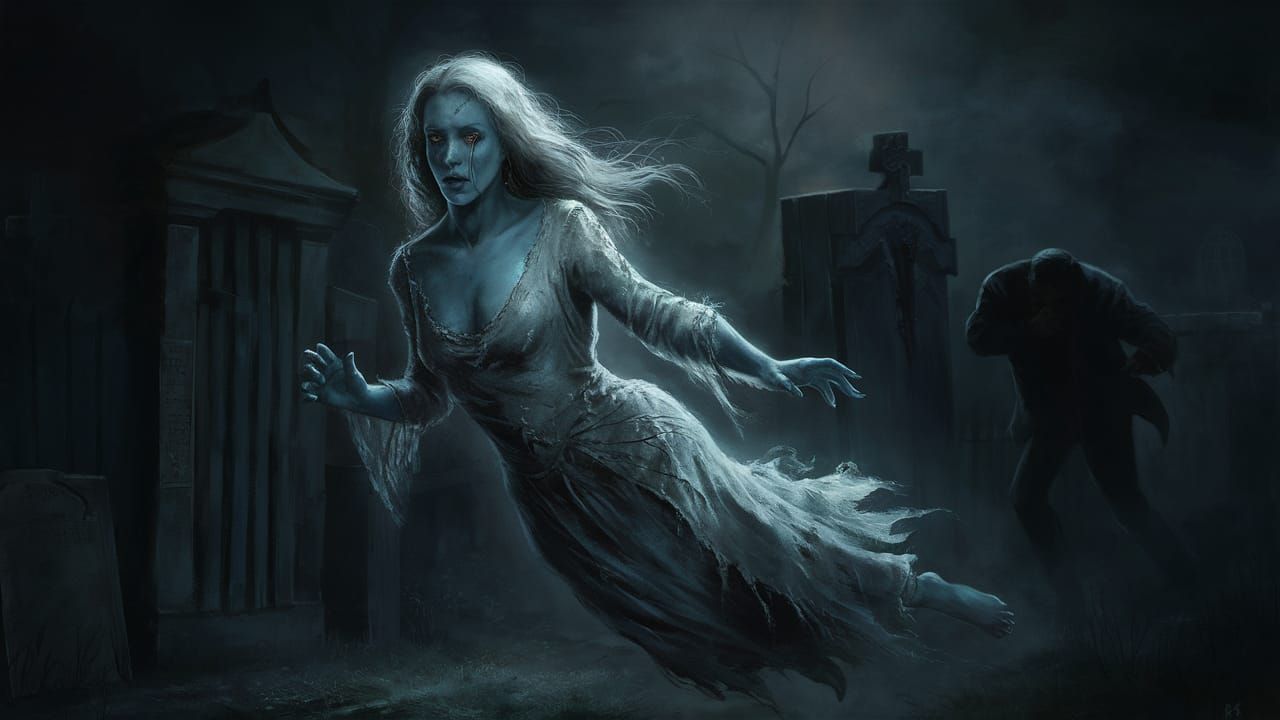 Ethereal Wraith in Graveyard, as Oil Painting