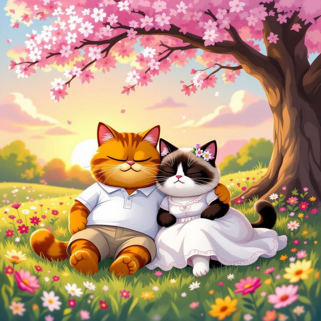 Garfield and Grumpy Cat Embrace Under Cherry Blossoms