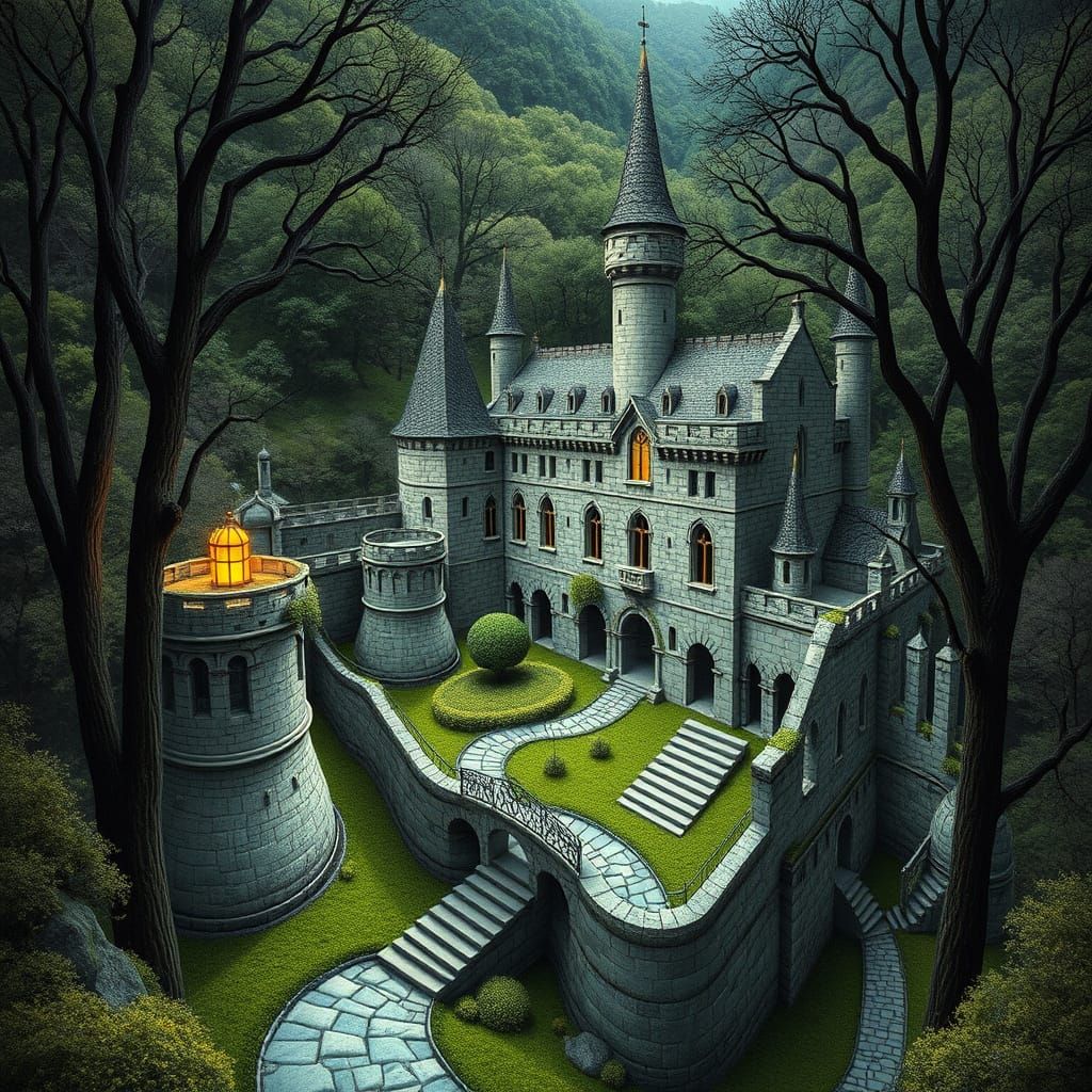 Escher-Inspired Castle in Whimsical Woodland
