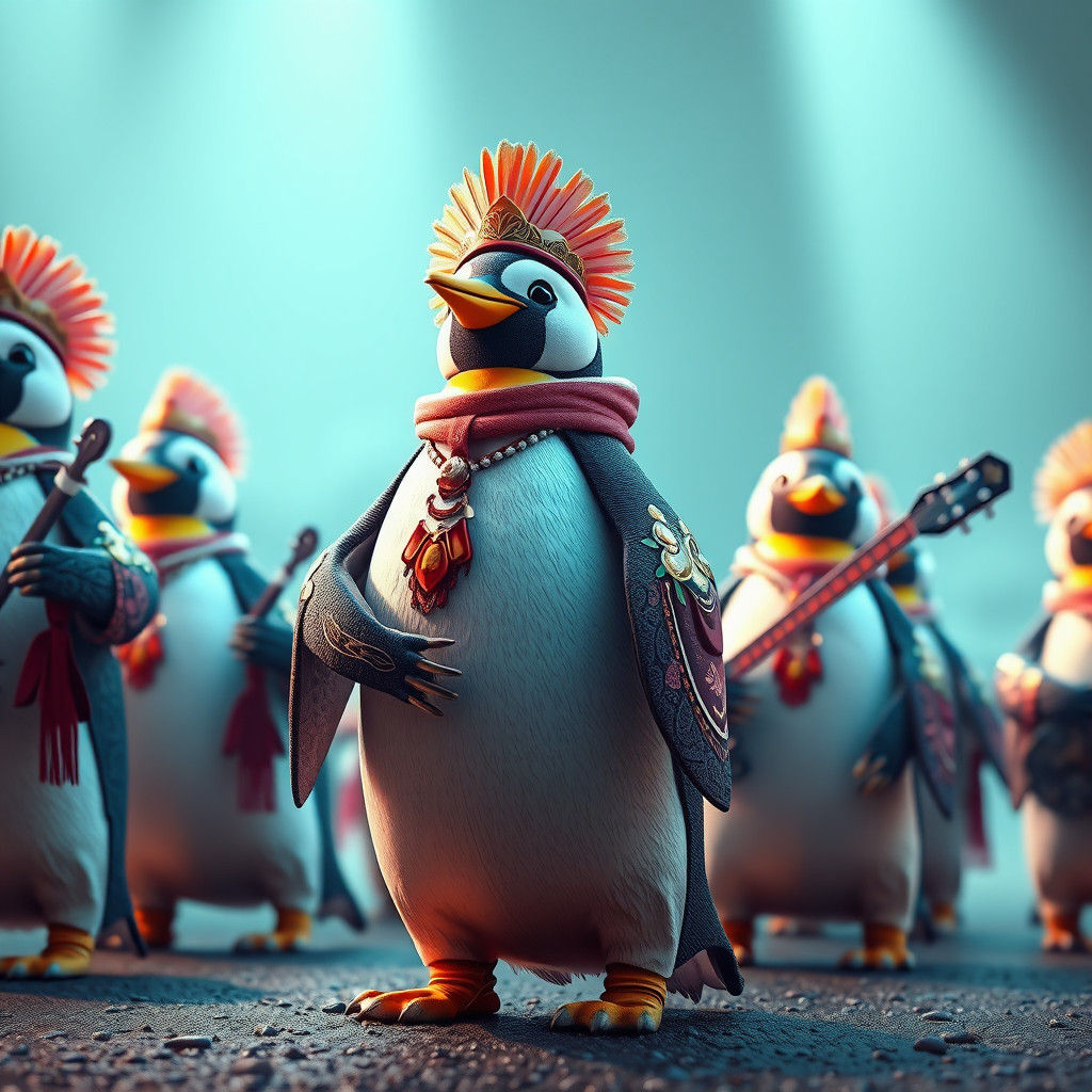 Penguin Band in Anime Style 3D Rendering