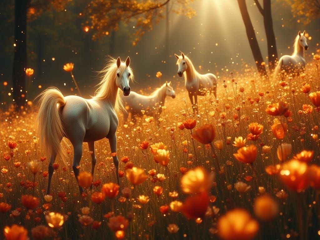 Unicorns Amidst Glowing Autumn Flowers in Misty Forest