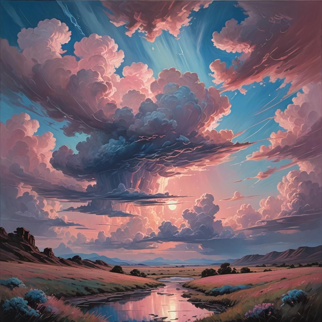 Dystopian Landscape with Twisted Clouds in Oil Painting