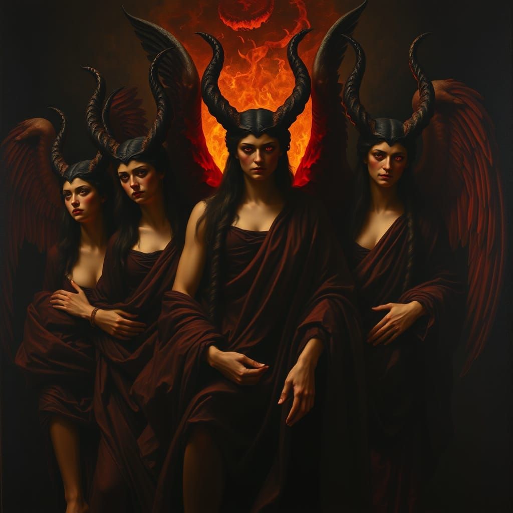 Classical Oil Painting of Vengeful Erinyes in Hades Glow
