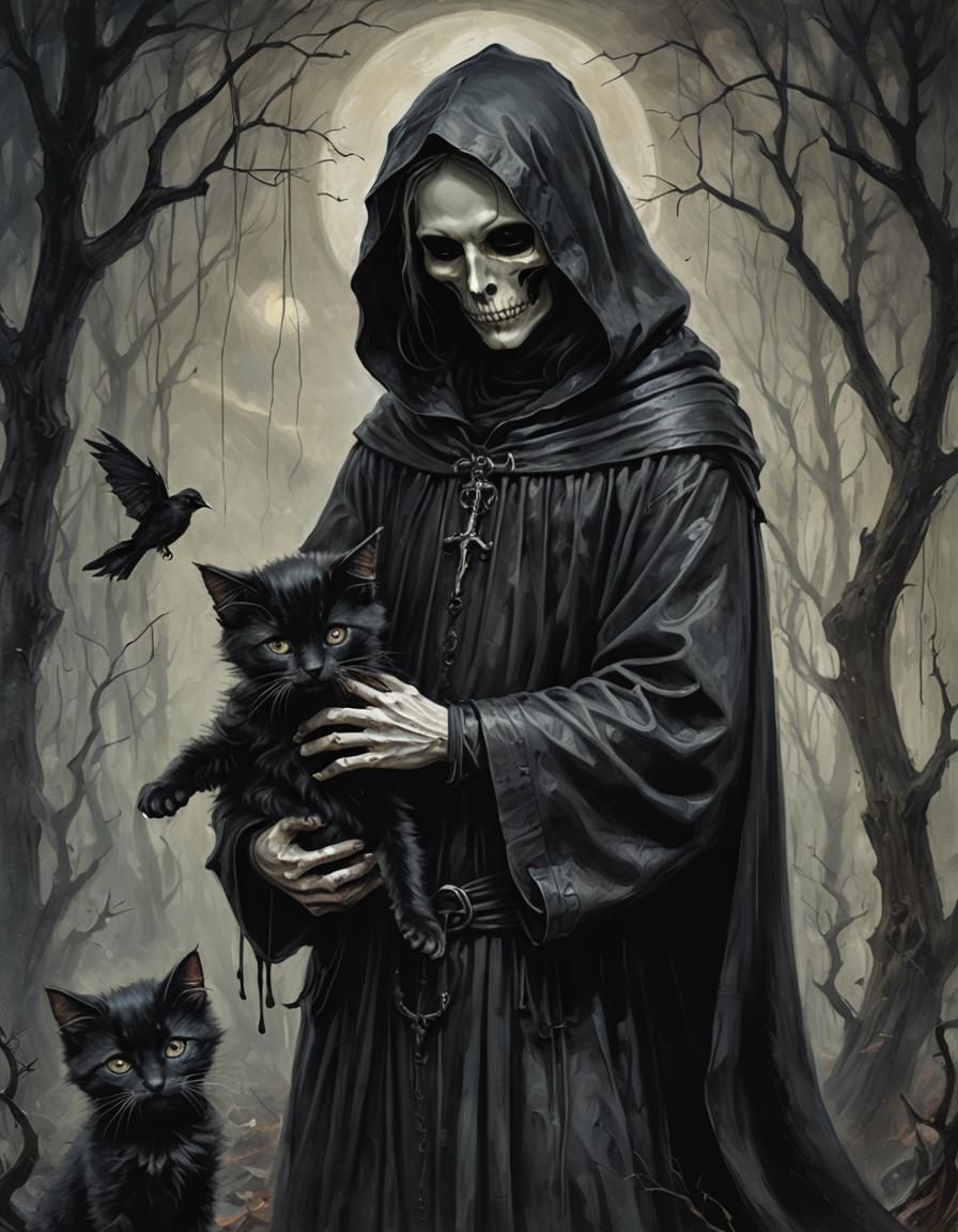 The Grim Reaper and Kitten: Surreal Dark Art