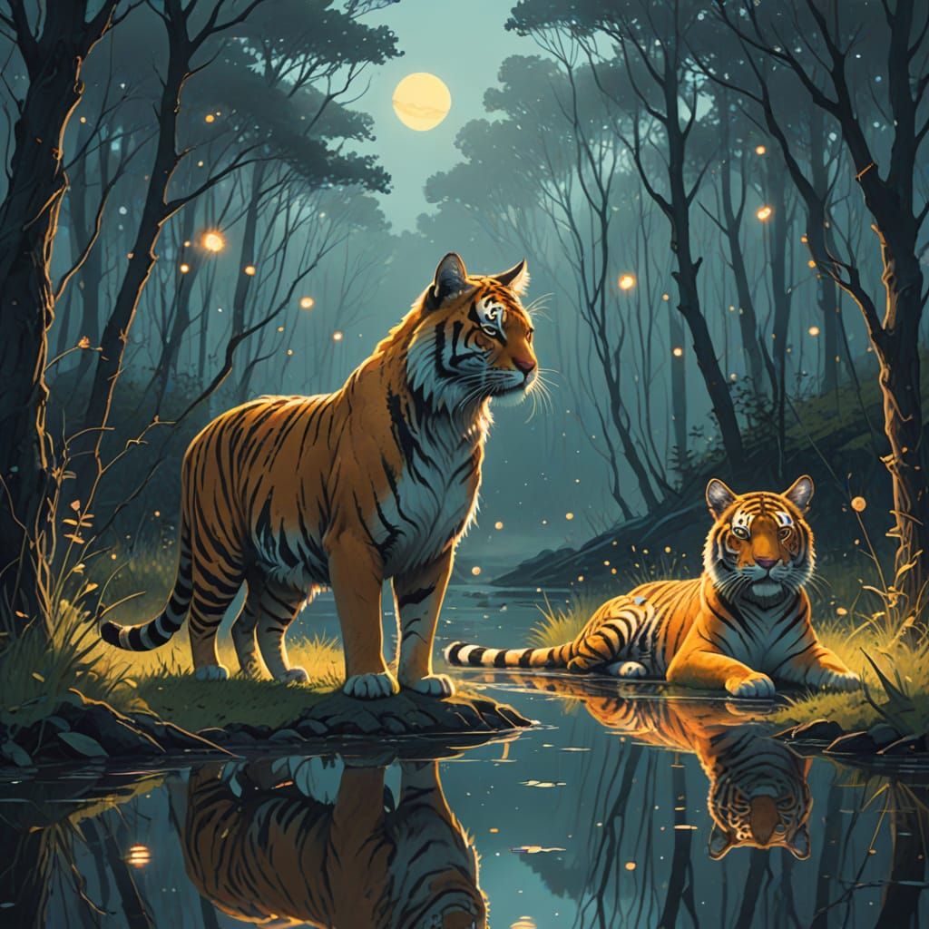 Whimsical Tiger and Cat Gaze in Dreamlike Fantasy Art