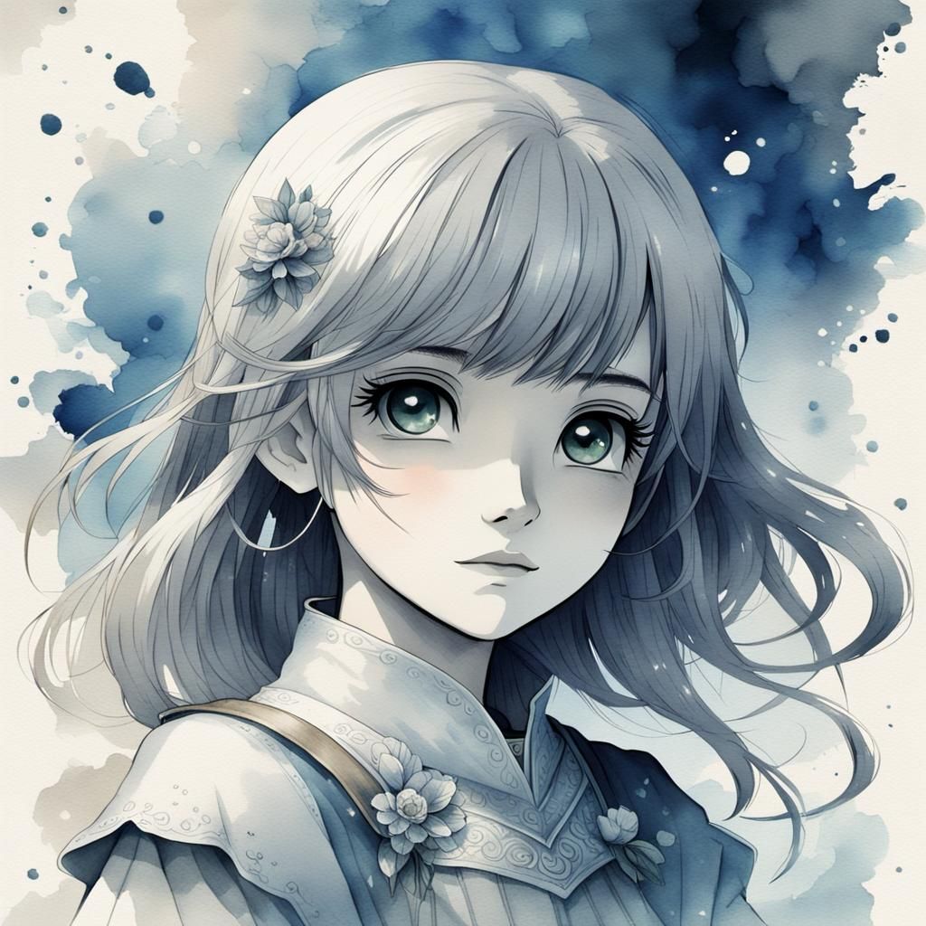Anime Girl in Sepia Watercolor Style