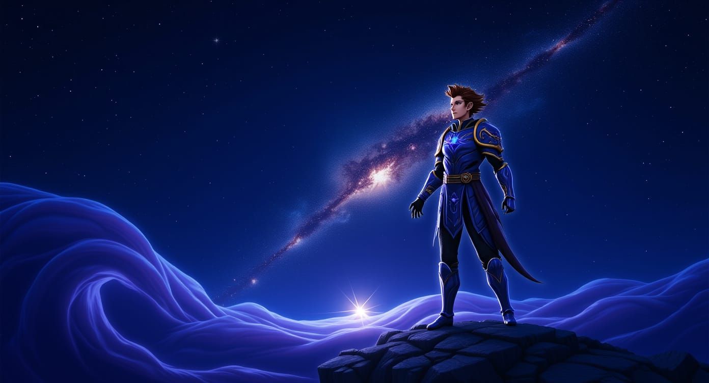 Elven Warrior on Floating Island in Nebula