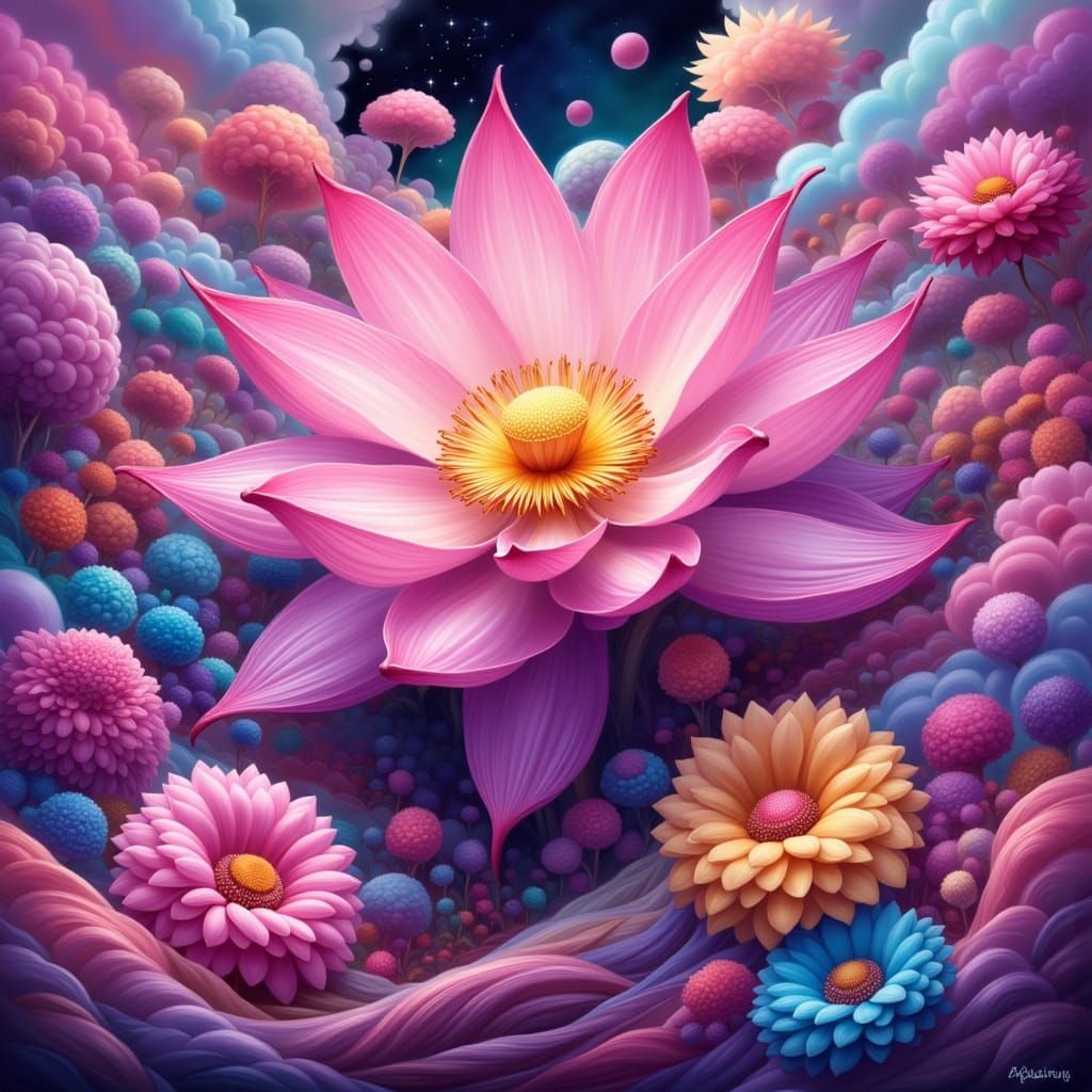 Vibrant Lotus Flower in Whimsical Candyland Scene