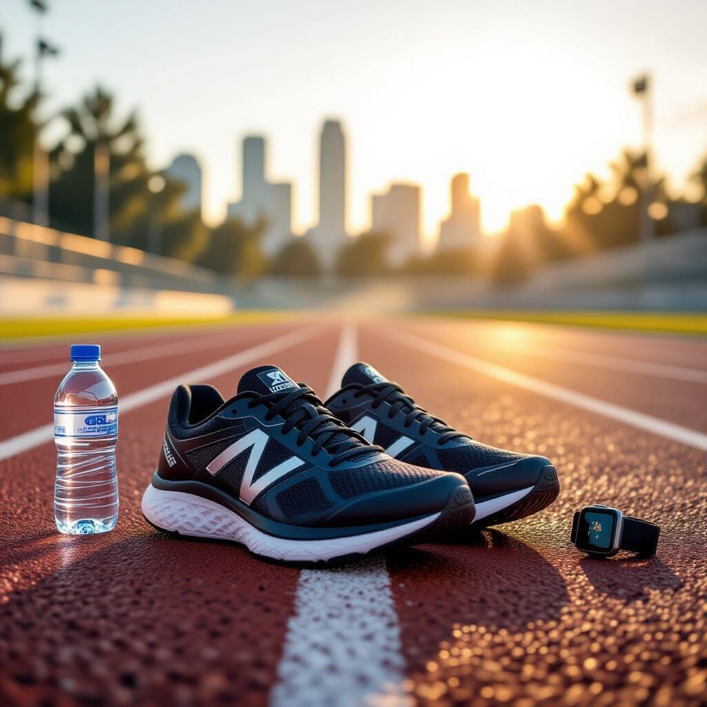 Brand New Running Shoes on Urban Track at Sunrise