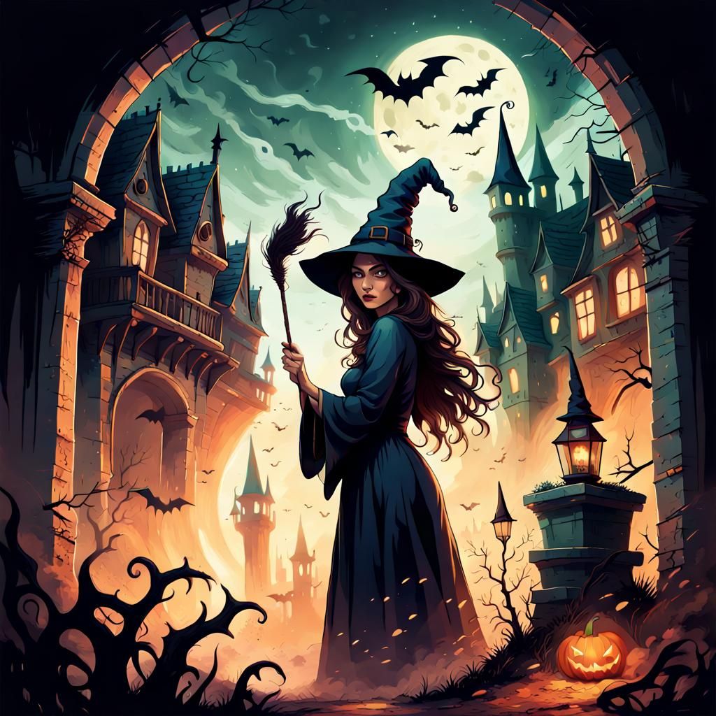 Woman in Witch Hat with Wand: Halloween Digital Art
