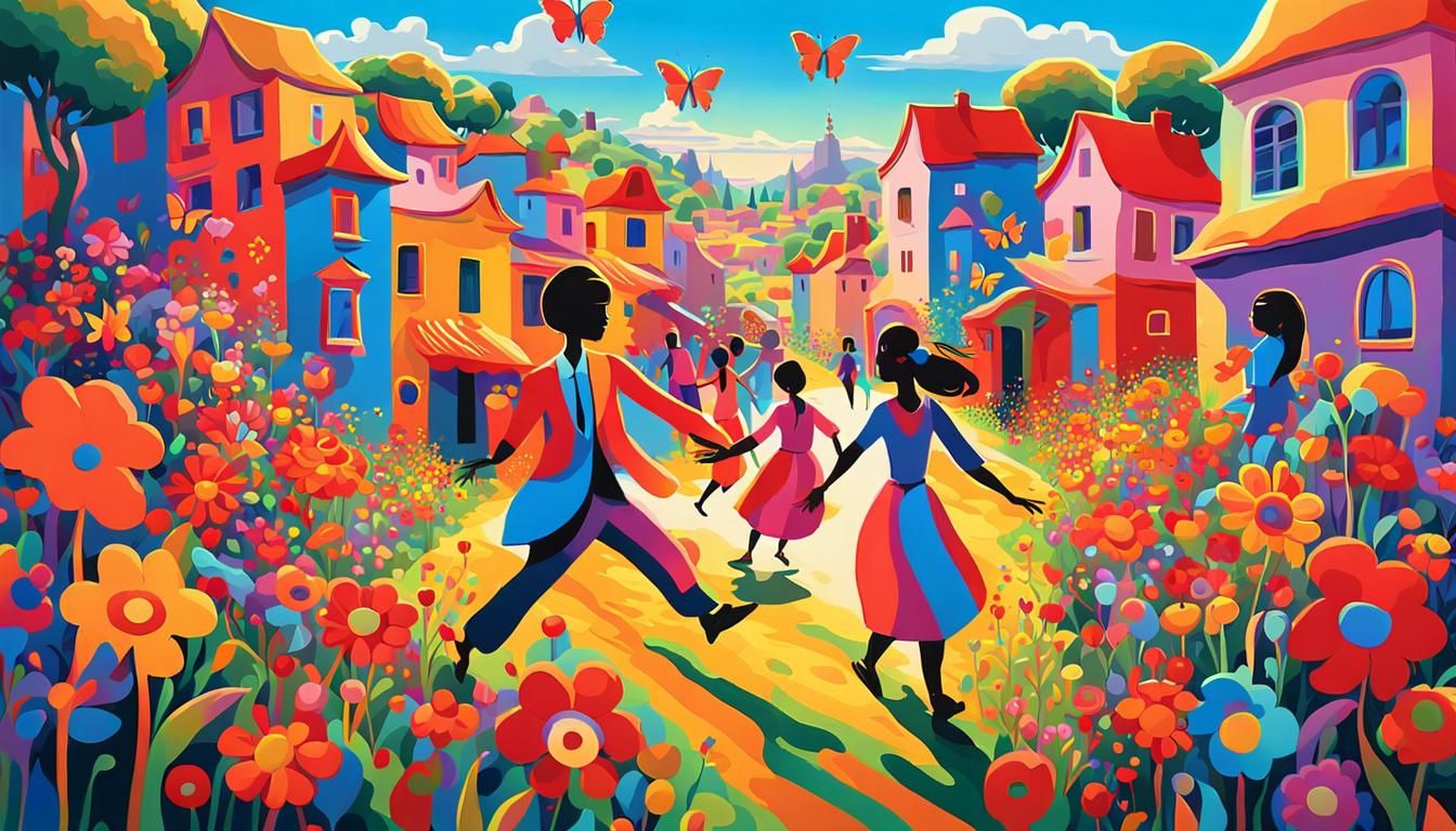 Psychedelic Villagers Dancing in a Vibrant Village