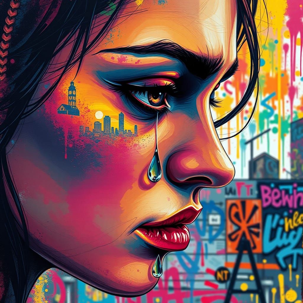 Sad Woman's Tear Reflects Graffiti Cityscape