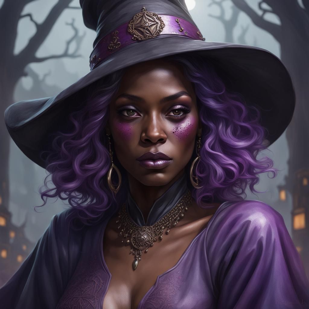 Halloween Witch Portrait in Purple, Hyperdetailed Art