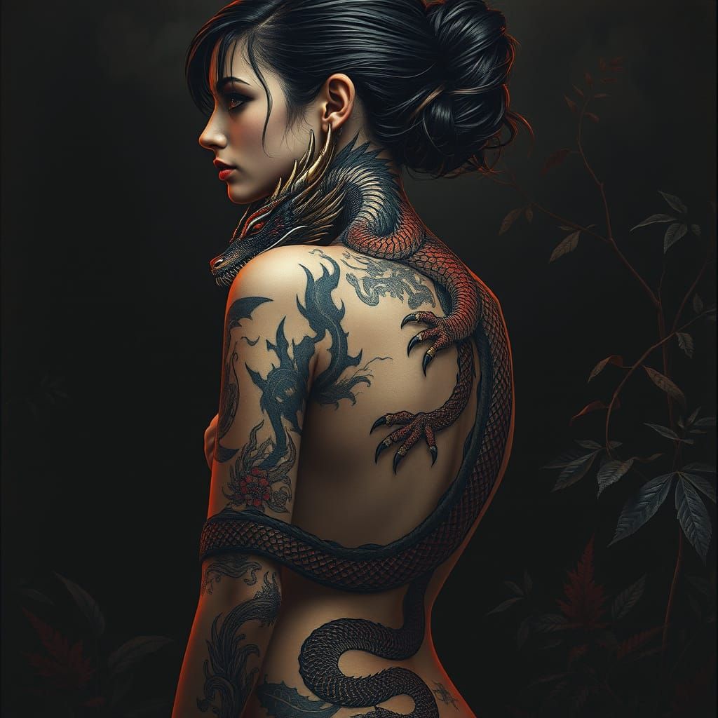 Surreal Horror Dragon Tattoo on Woman, Giger Beksiński Style