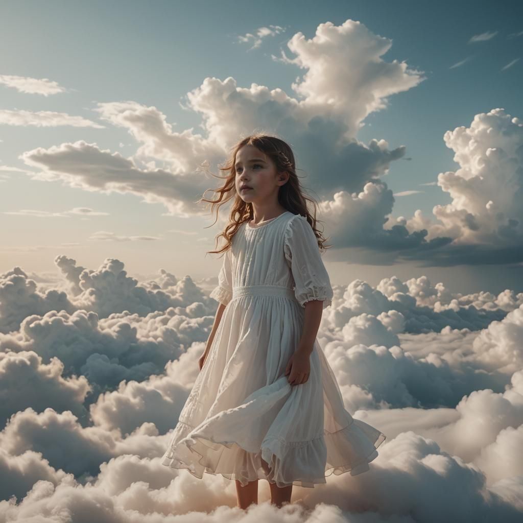 Little Girl Drifts on Ethereal Clouds, Cinematic Film Still