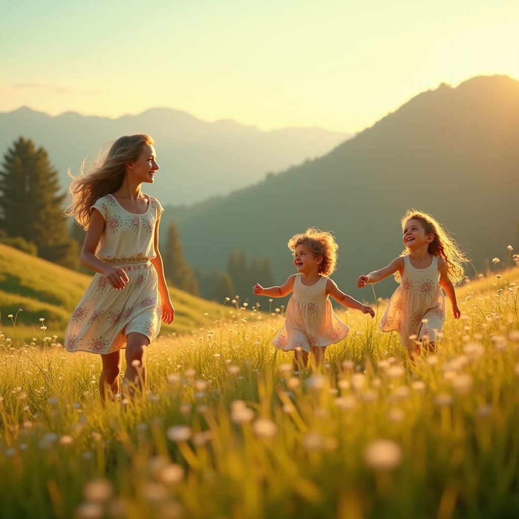 Mother and Children in Dreamlike Meadow