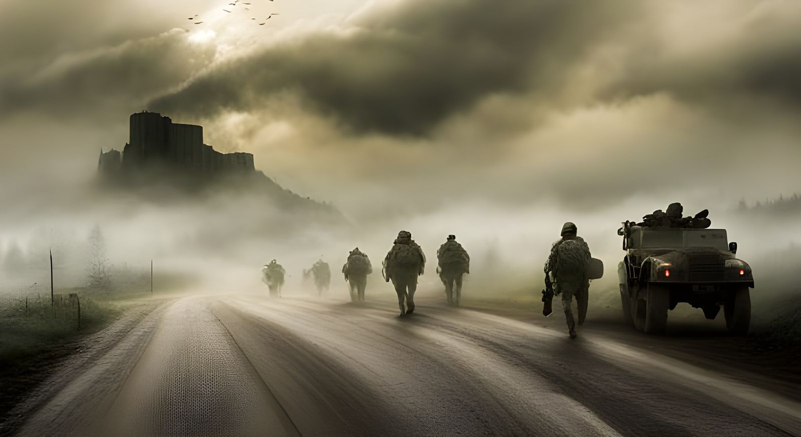 Atmospheric Army Convoy Arriving Through the Mist