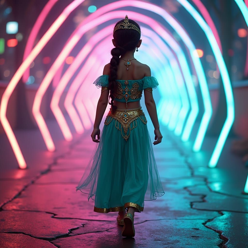 Girl in Jasmine Costume Navigates Neon Laser Tunnel