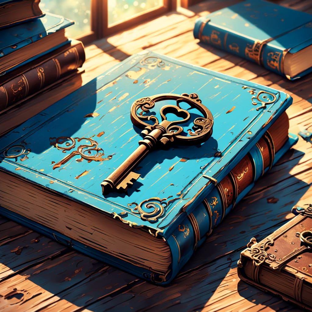 Retro Sky Blue Book and Rusty Key in Bright Light