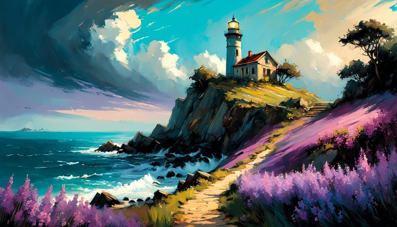 Mediterranean Lighthouse in Alcohol Ink Street Art Style