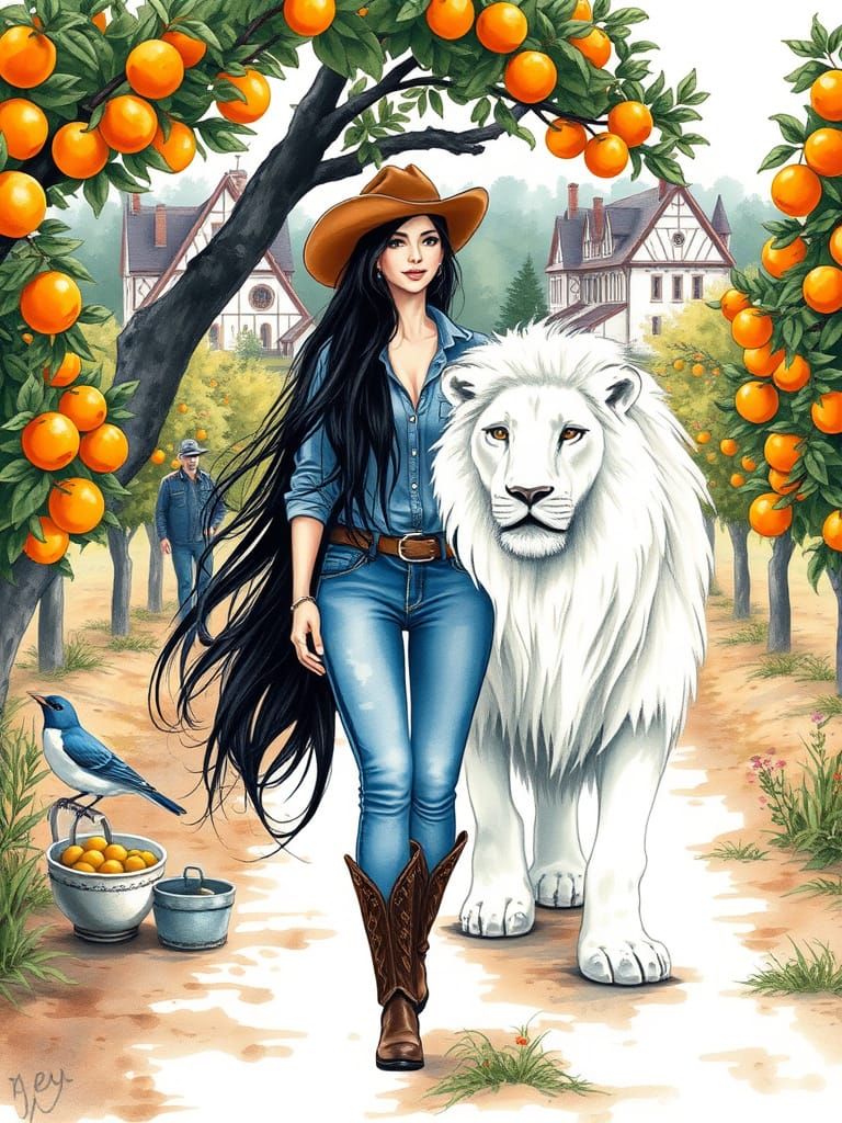 Elegant Lady Strolls with a White Lion in an Orange Orchard