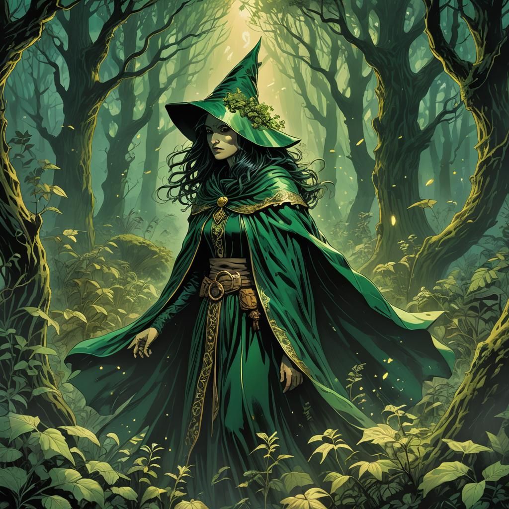 Green Witch in Mystical Forest, Comic Book Art