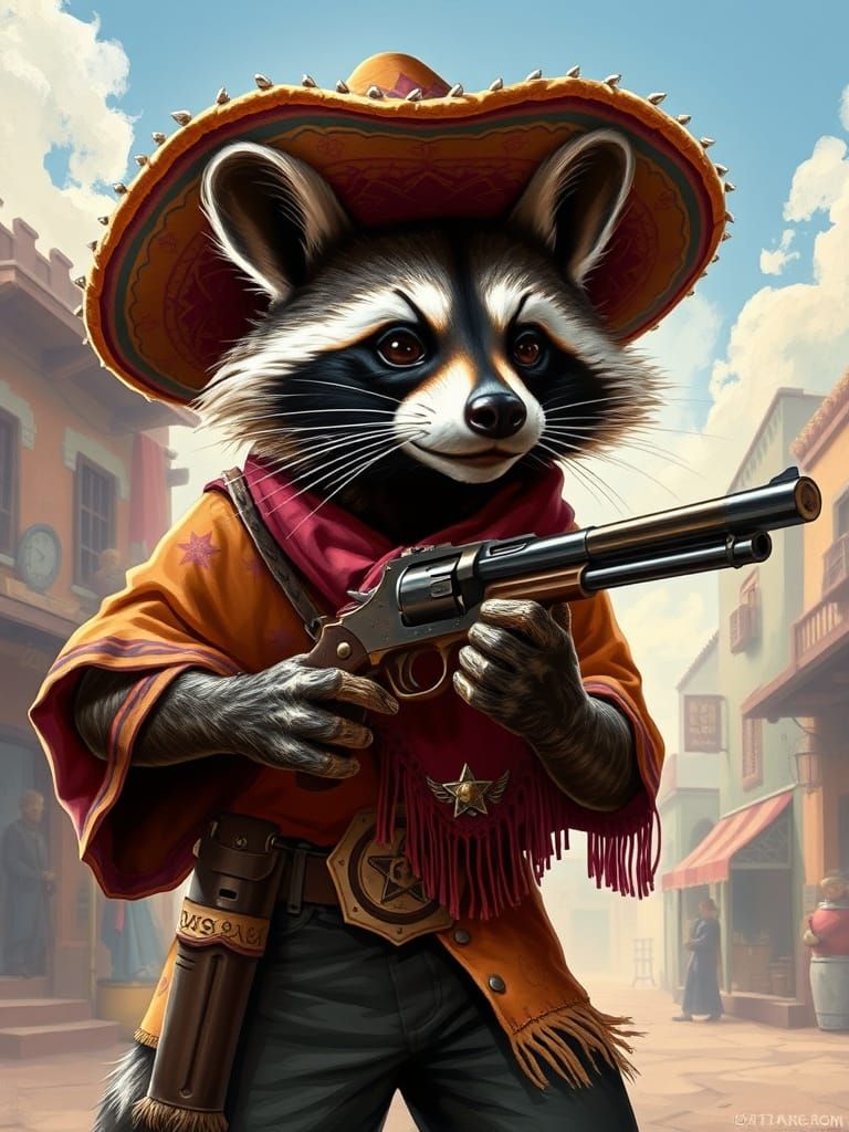 Raccoon Sheriff in Mexican Wild West Town