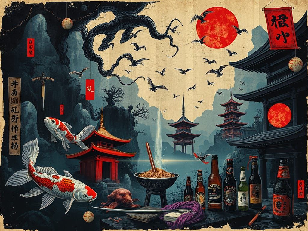 Surreal Japanese Collage with Koi and Mystic Runes