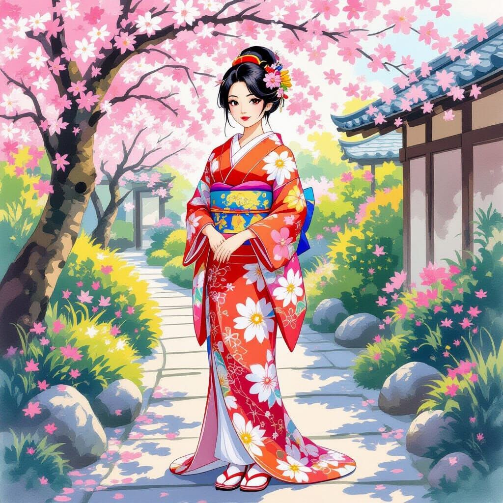 Japanese Italian Woman in Kimono in Italian Garden