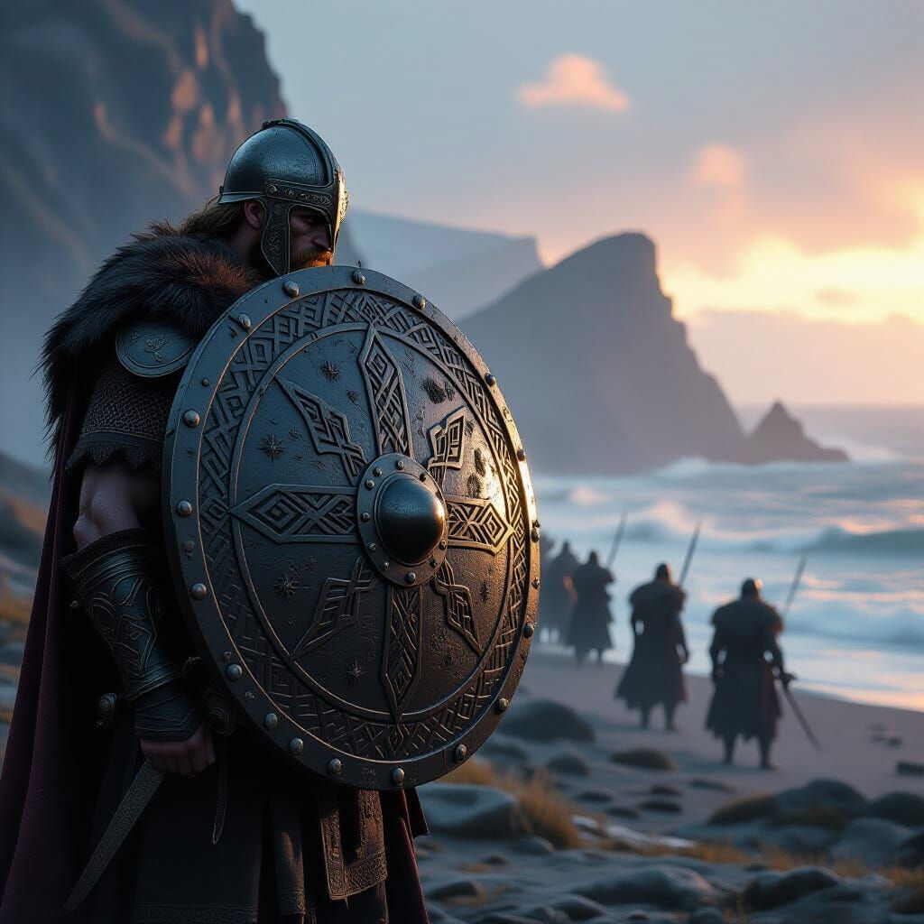 Battle-Worn Viking Shield on Gritty Coastline in Dark Fantas...