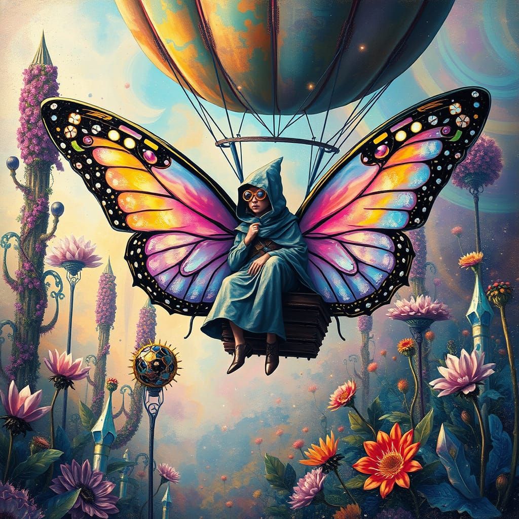 Cosmic Voyager Drifts Through Surreal Garden in Butterfly-Sh...