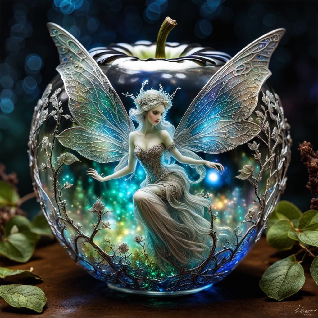 Fairy Emerges from Silver Apple in Dreamlike Forest