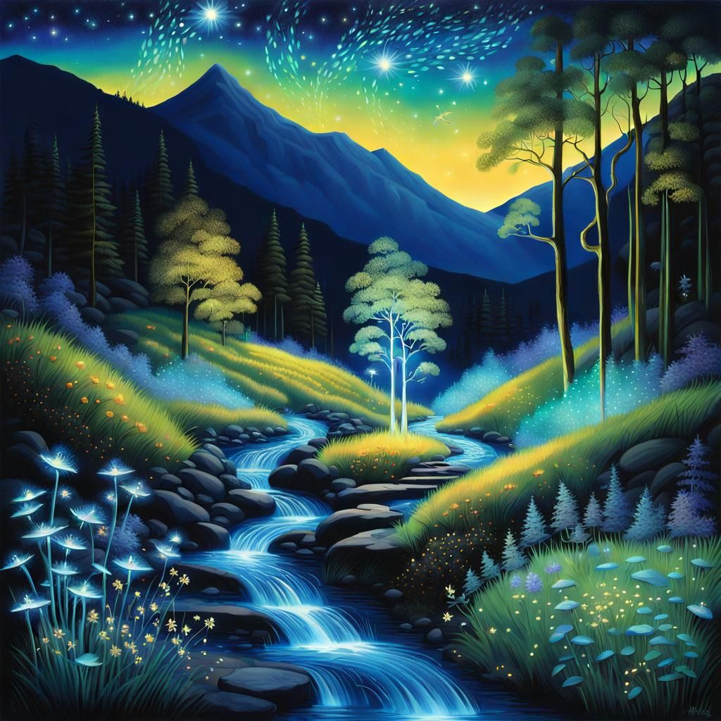 Iridescent Landscape with Fireflies and Waterfalls