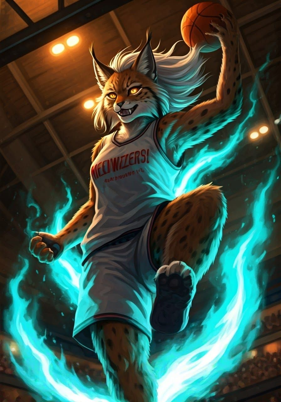 Whimsical High Fantasy Lynx Slam Dunks in Dreamlike Glow
