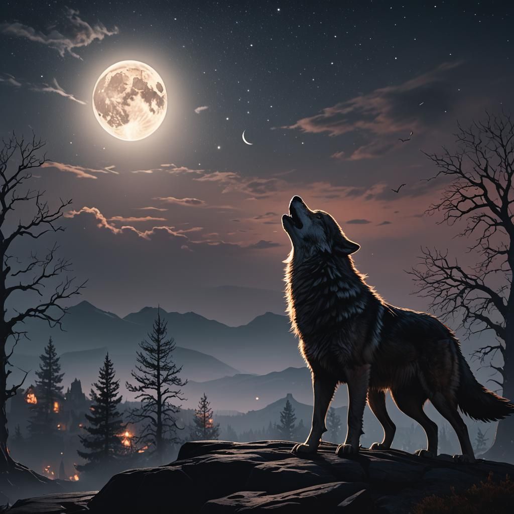 Lone Wolf Howling at Moon: Fantasy Concept Art