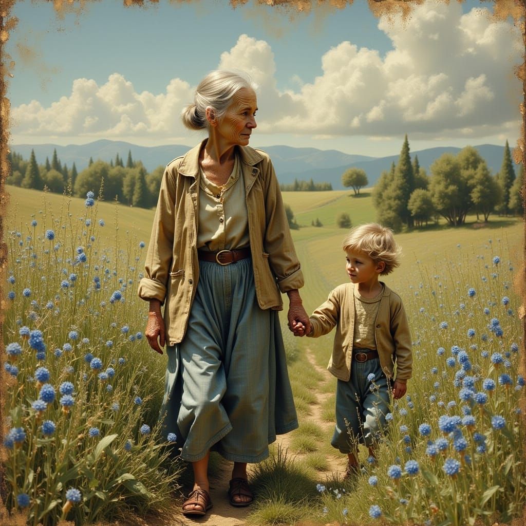 Elderly Grandmother and Child in Wildflower Field
