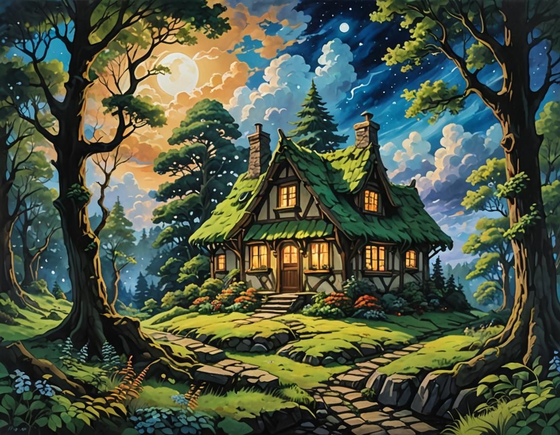 Druid Cottage in Mystic Forest: Anime Acrylic Painting