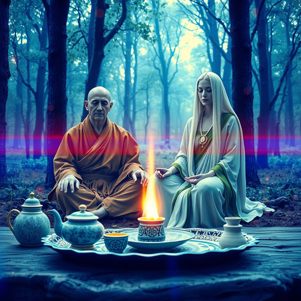 Monk and Priestess Meditating in Delt Blue Ceramic Art