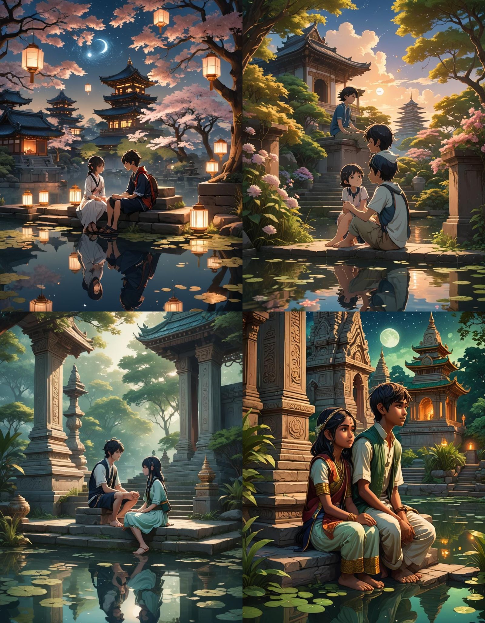 Romantic Anime Scene at Indian Temple Under Stars