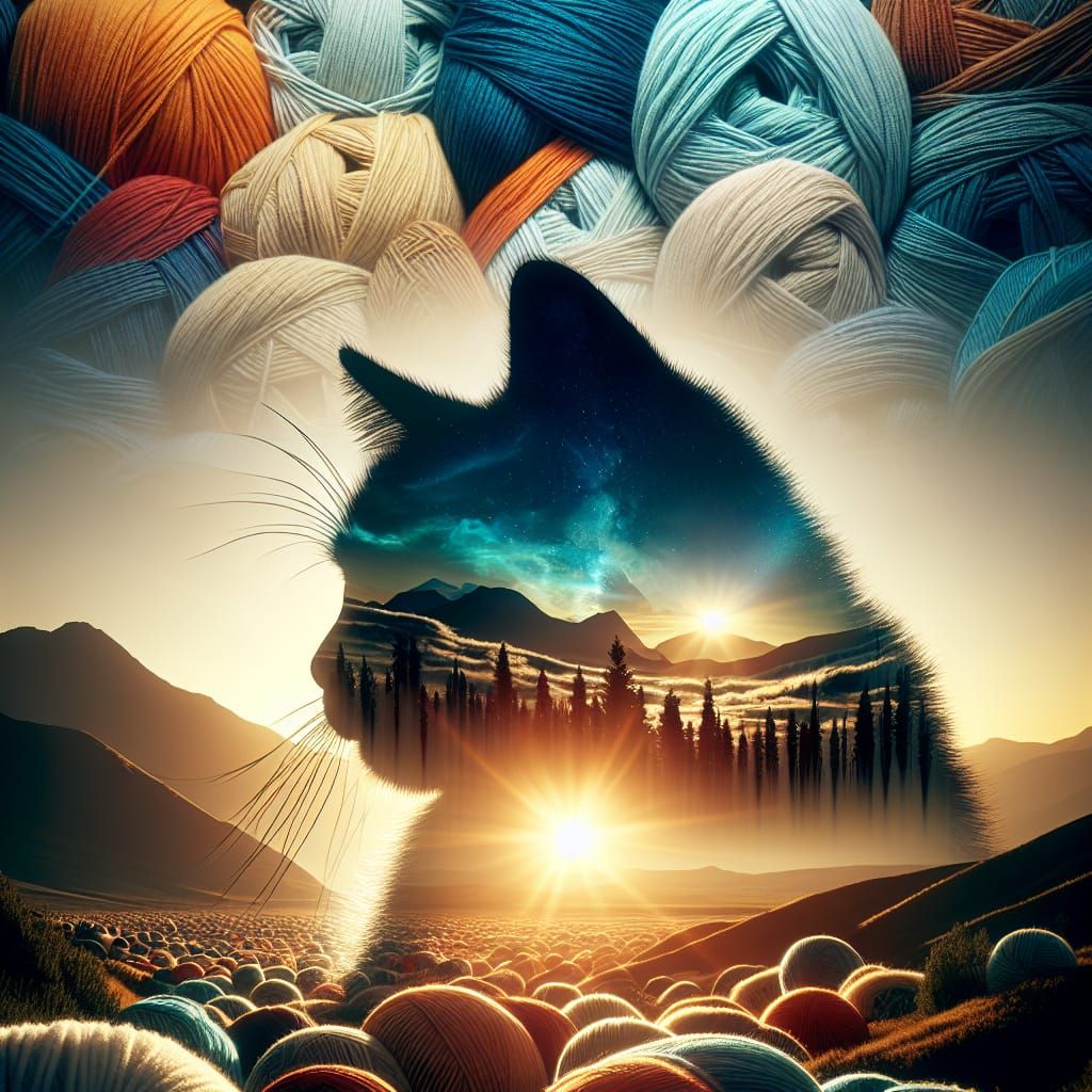 Hyperrealistic Yarn Landscape with Silhouette Kitten