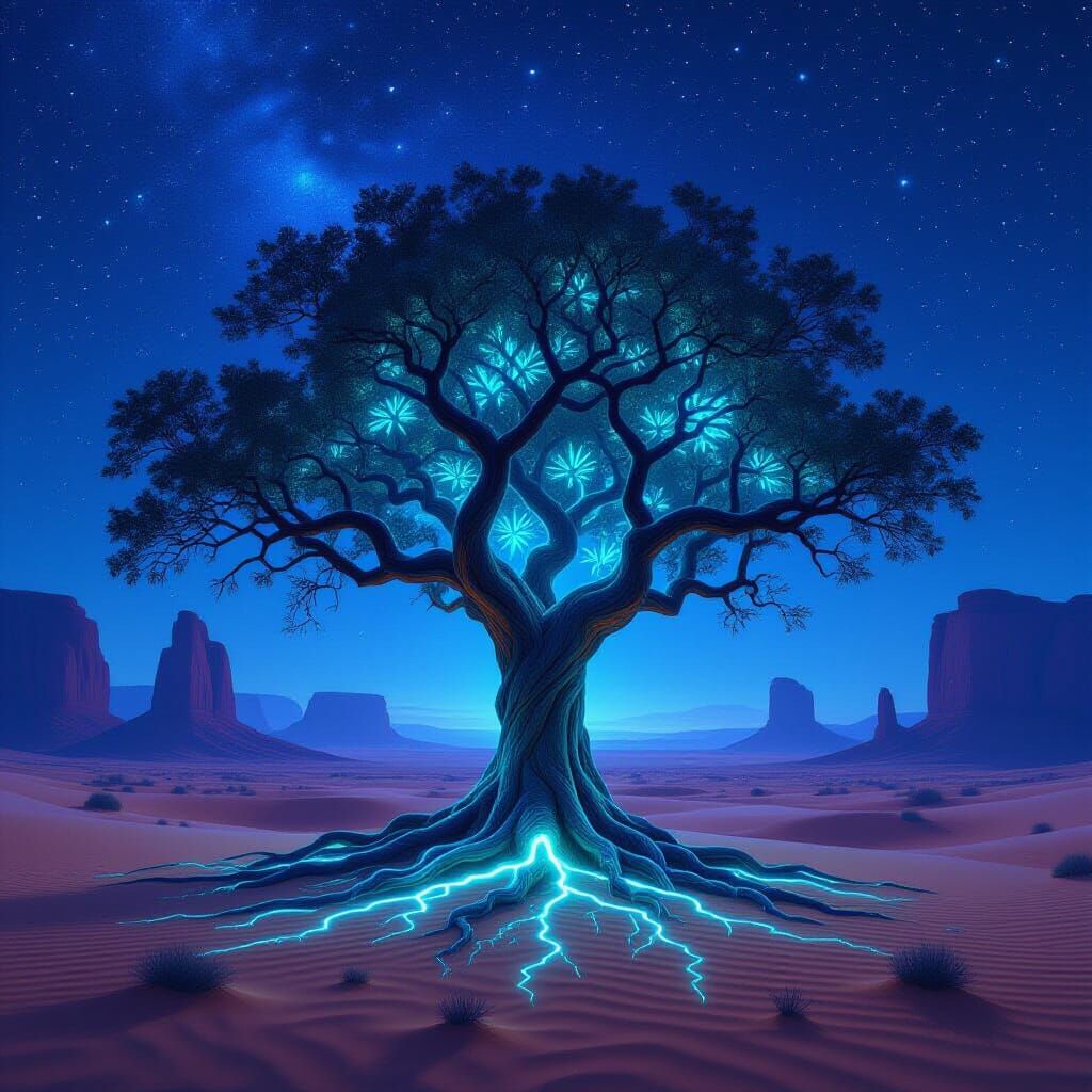 Ancient Bioluminescent Tree in Starlit Desert
